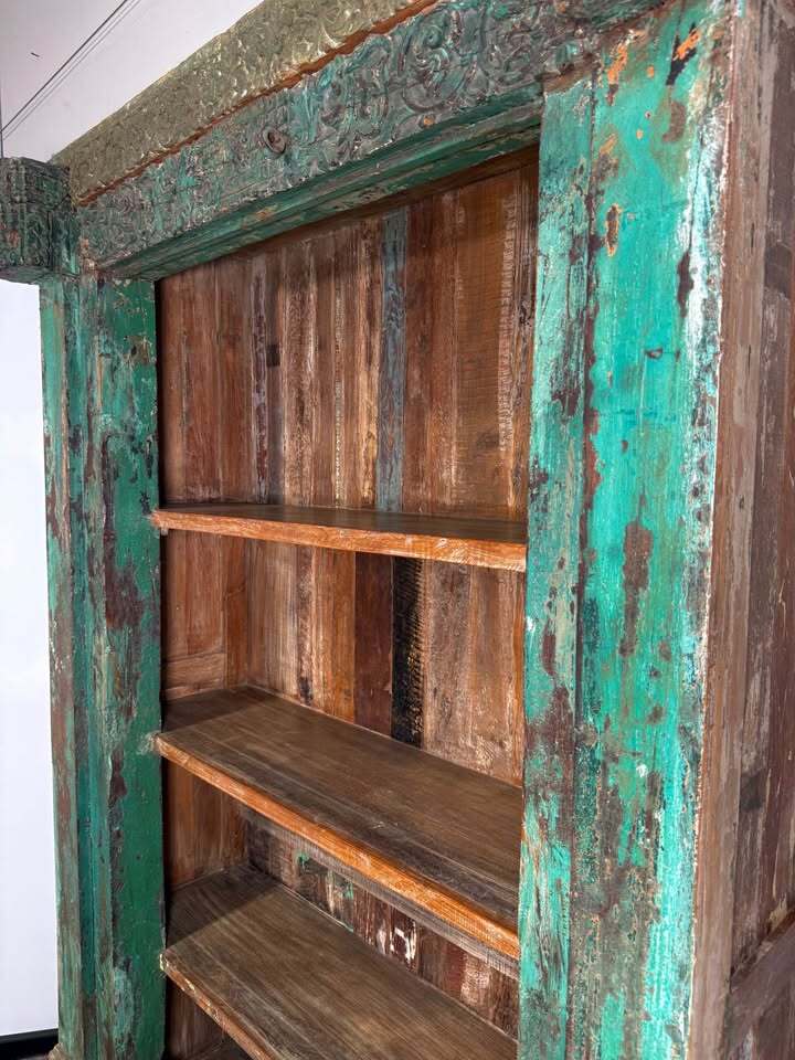 Authentic Vintage Indonesian Carved Bookshelf—Distressed Green Patina Ornate Architectural Frame