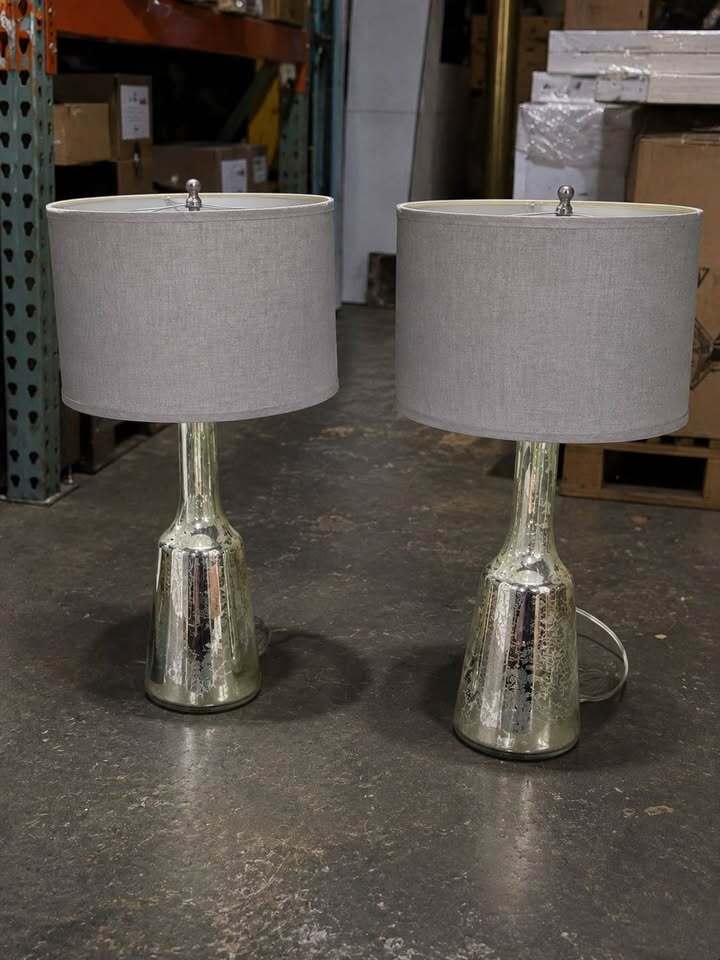Pair of Mercury Glass Table Lamps w/ Gray Drum Shades