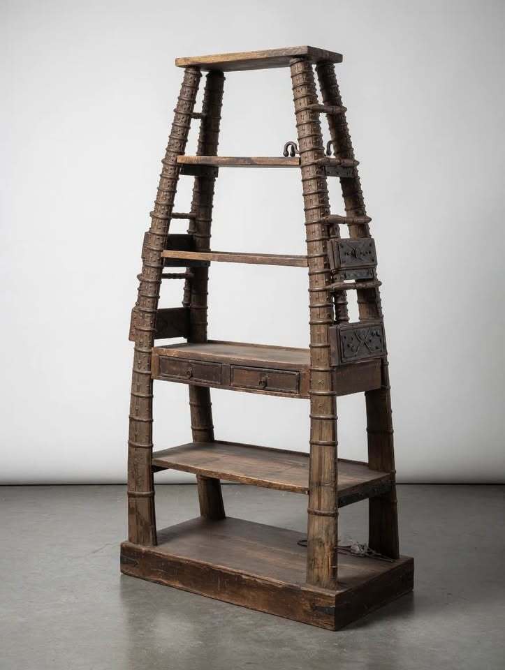 Antique Indian Teak Étagère – Dramatic Ladder Shelving Unit
