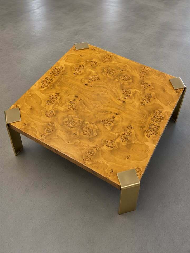 Mid-Century Burl Wood Coffee Table with Brass Legs – 31”