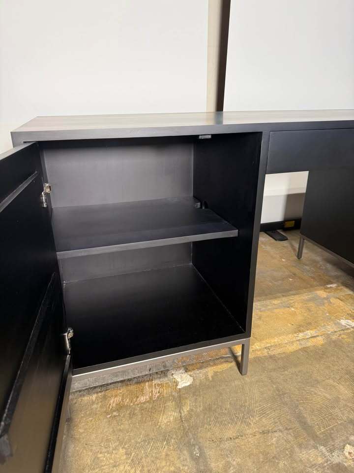 Kathy Kuo Home Theodore Industrial Loft Black Wood Grey Iron 1 Door 4 Drawer Executive Desk