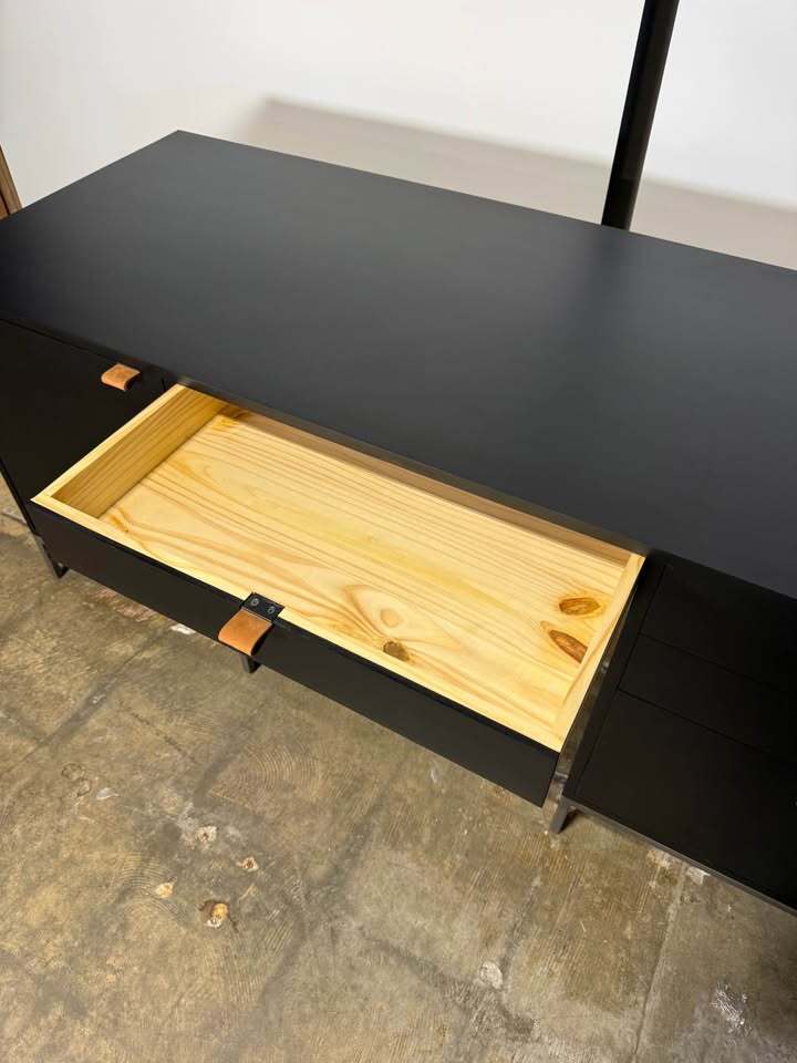 Kathy Kuo Home Theodore Industrial Loft Black Wood Grey Iron 1 Door 4 Drawer Executive Desk