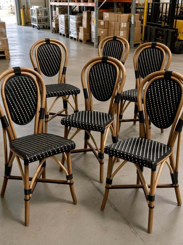Set of 6 Custom High-End Bamboo Bistro Chairs – Black & White Woven