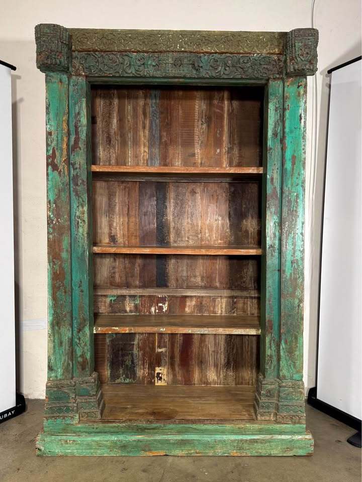 Authentic Vintage Indonesian Carved Bookshelf—Distressed Green Patina Ornate Architectural Frame