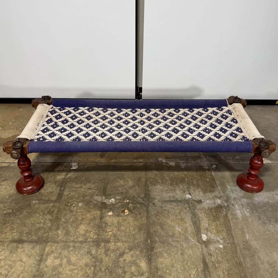 Vintage Woven Cord Bench – Blue & White Geometric Pattern, Turned Wood Legs
