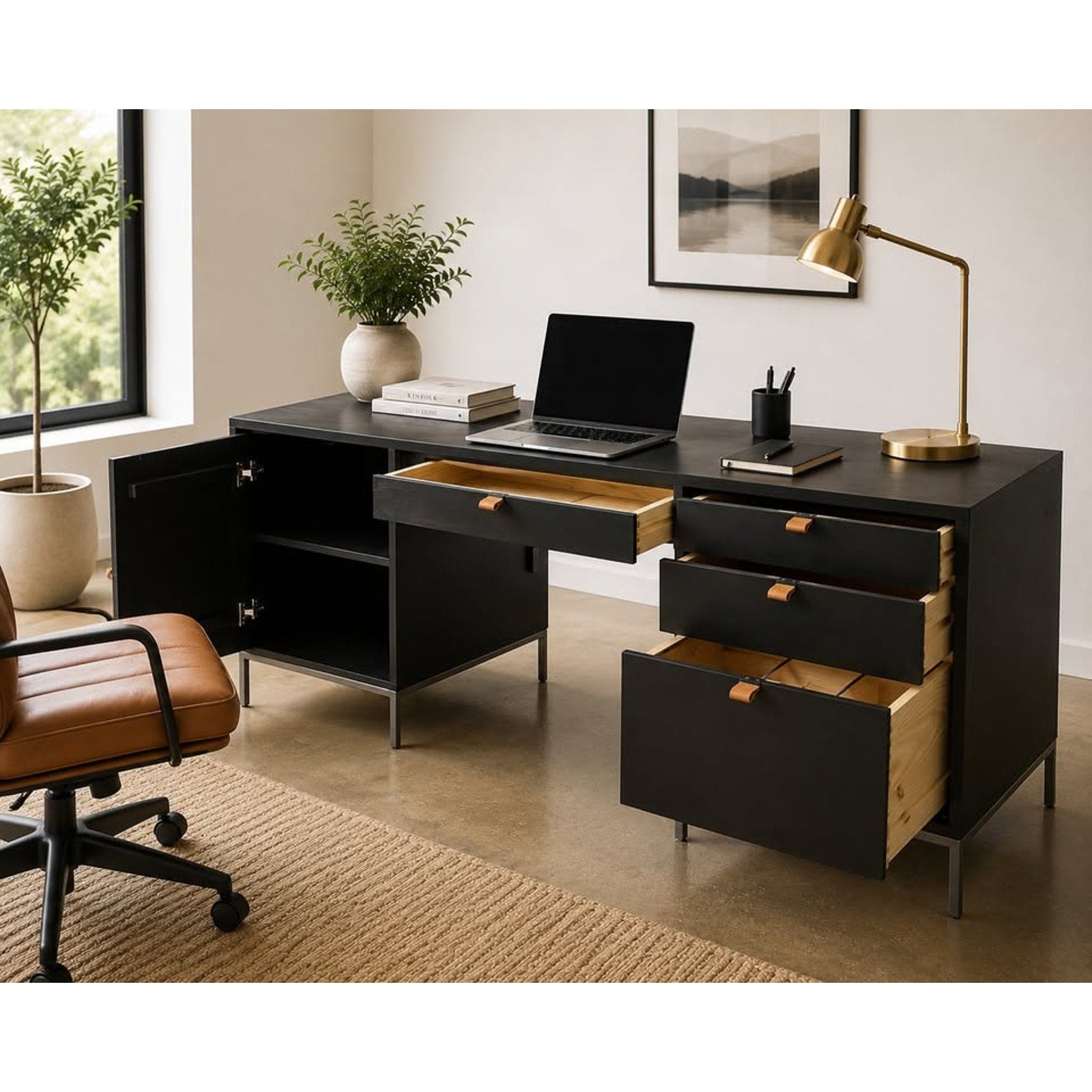 Kathy Kuo Home Theodore Industrial Loft Black Wood Grey Iron 1 Door 4 Drawer Executive Desk