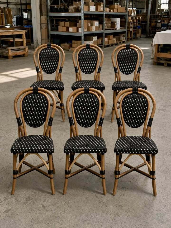 Set of 6 Custom High-End Bamboo Bistro Chairs – Black & White Woven