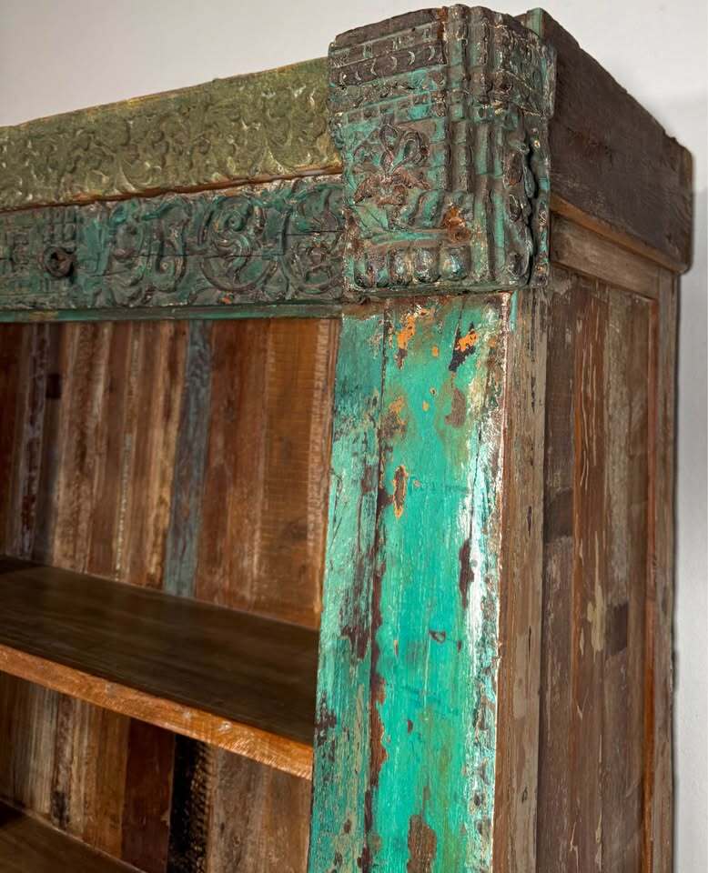 Authentic Vintage Indonesian Carved Bookshelf—Distressed Green Patina Ornate Architectural Frame