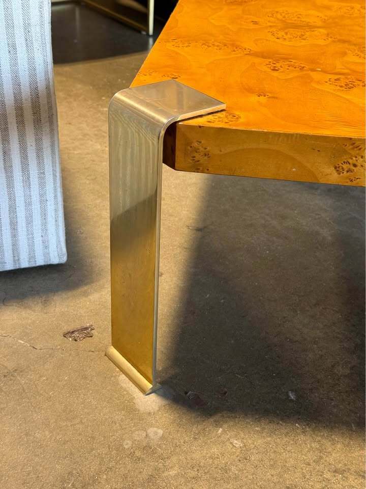 Mid-Century Burl Wood Coffee Table with Brass Legs – 31”