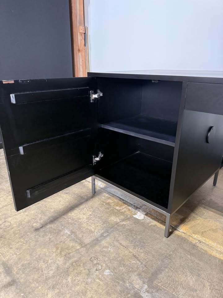 Kathy Kuo Home Theodore Industrial Loft Black Wood Grey Iron 1 Door 4 Drawer Executive Desk
