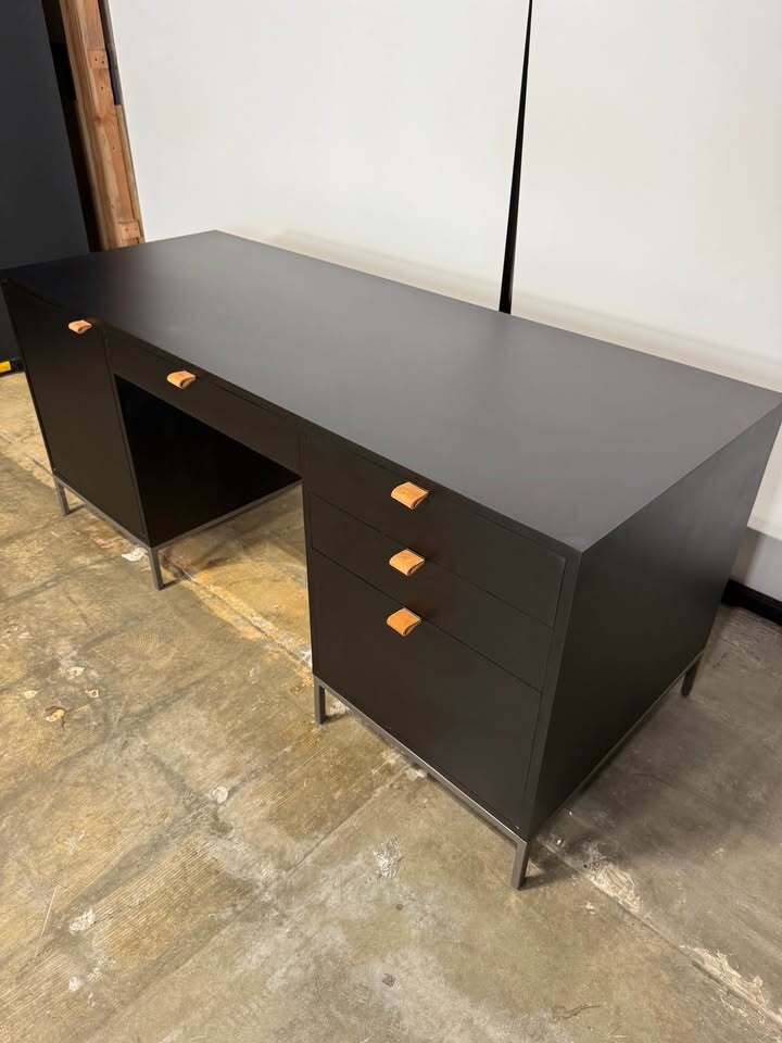 Kathy Kuo Home Theodore Industrial Loft Black Wood Grey Iron 1 Door 4 Drawer Executive Desk