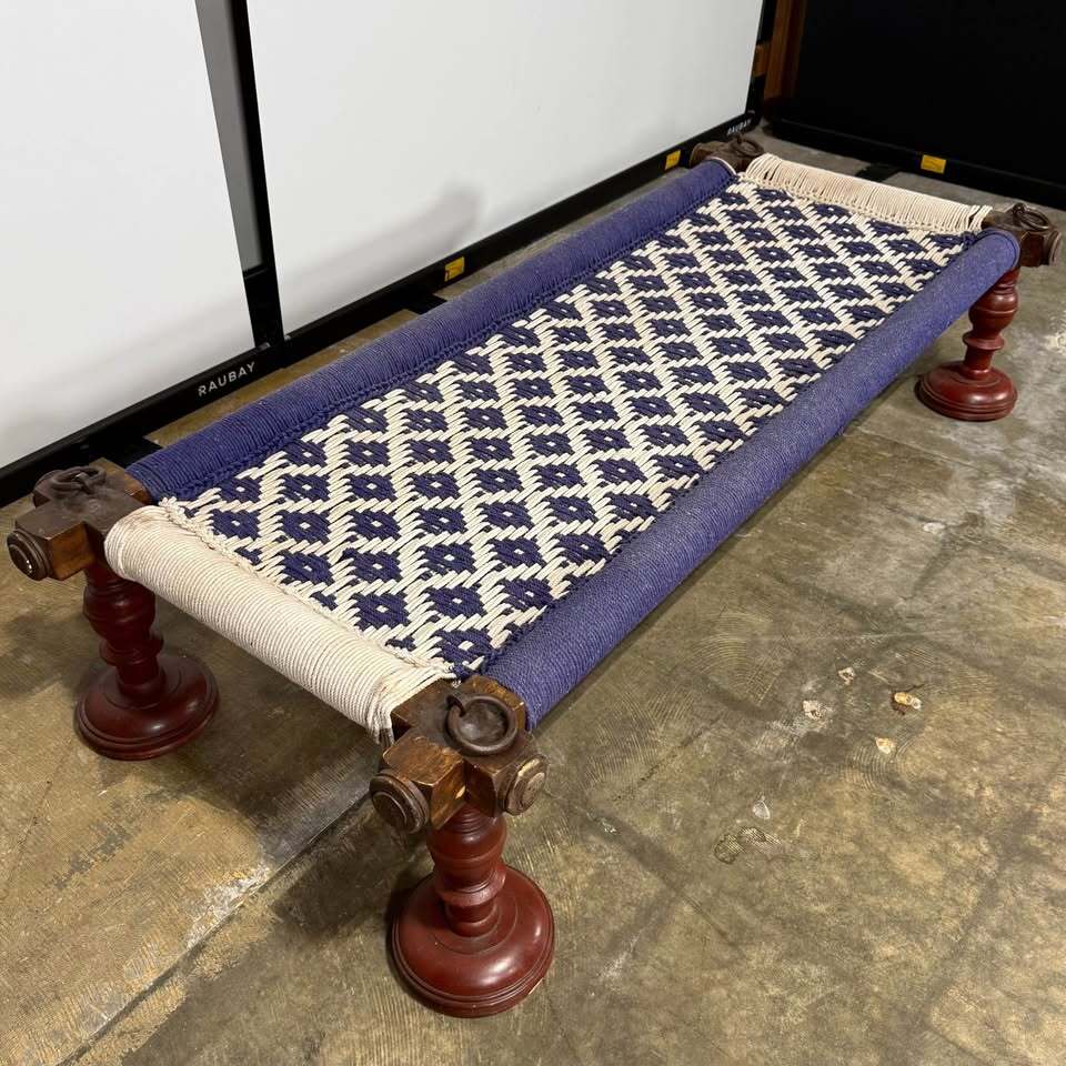 Vintage Woven Cord Bench – Blue & White Geometric Pattern, Turned Wood Legs