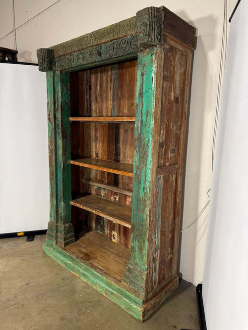 Authentic Vintage Indonesian Carved Bookshelf—Distressed Green Patina Ornate Architectural Frame