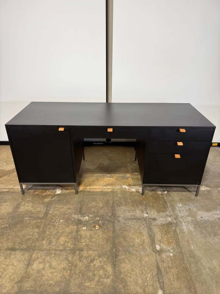 Kathy Kuo Home Theodore Industrial Loft Black Wood Grey Iron 1 Door 4 Drawer Executive Desk