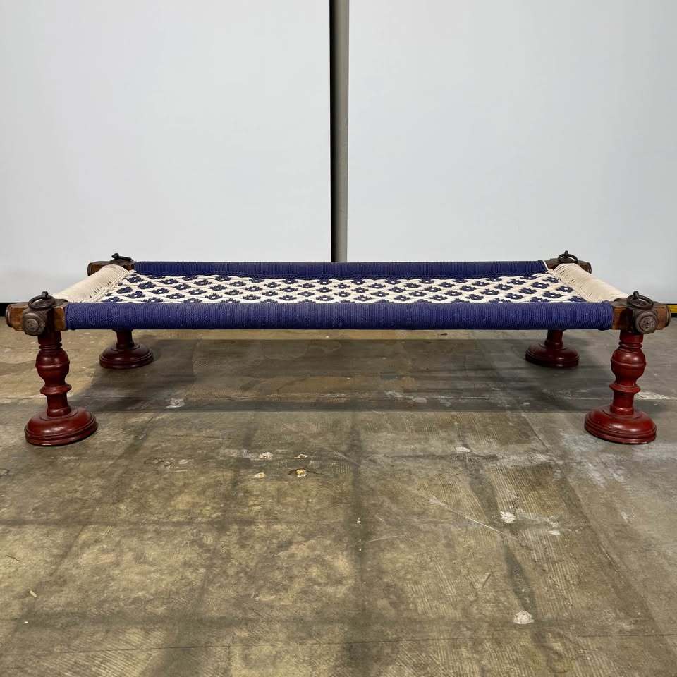 Vintage Woven Cord Bench – Blue & White Geometric Pattern, Turned Wood Legs