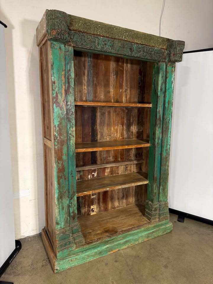 Authentic Vintage Indonesian Carved Bookshelf—Distressed Green Patina Ornate Architectural Frame