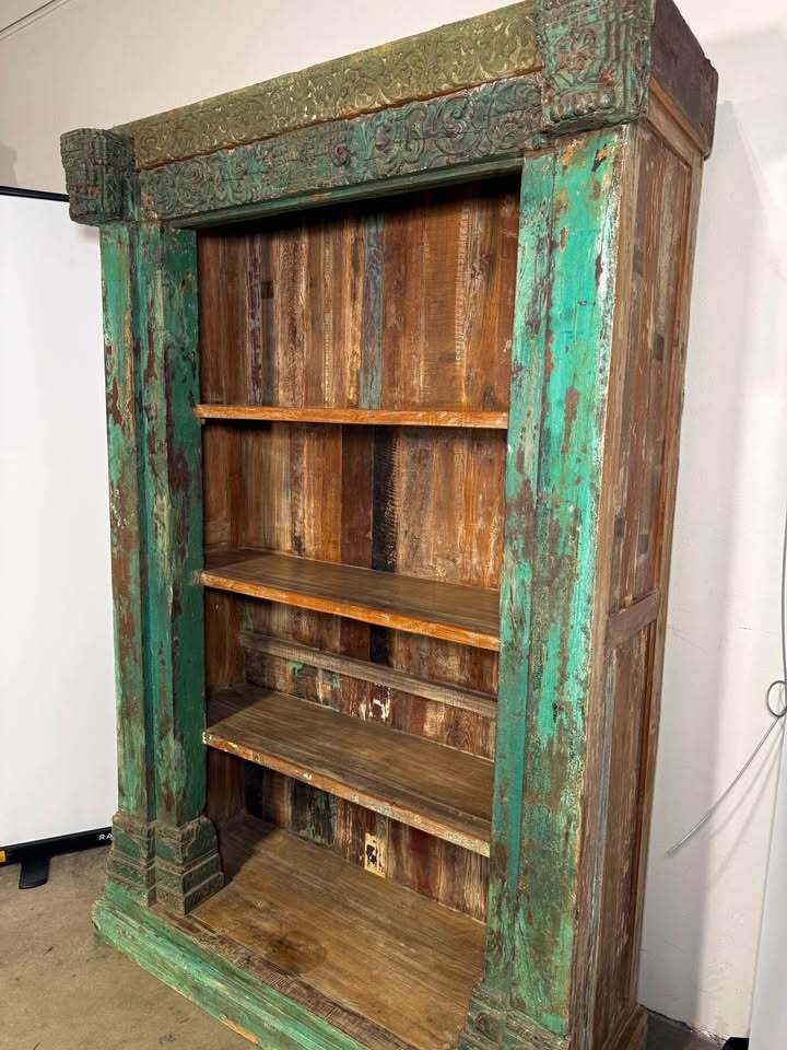 Authentic Vintage Indonesian Carved Bookshelf—Distressed Green Patina Ornate Architectural Frame