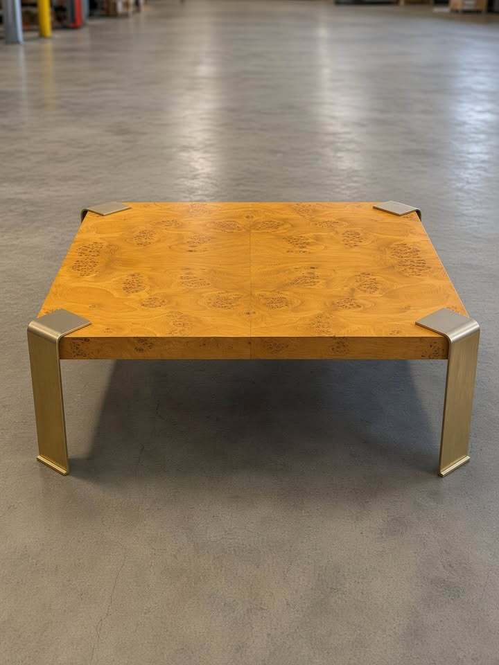 Mid-Century Burl Wood Coffee Table with Brass Legs – 31”