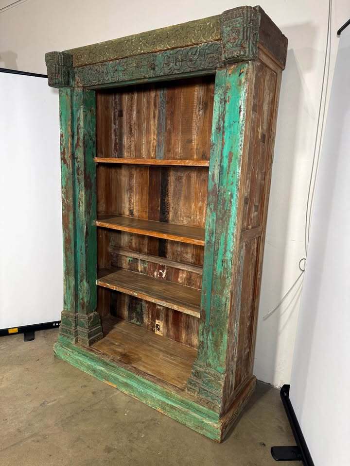 Authentic Vintage Indonesian Carved Bookshelf—Distressed Green Patina Ornate Architectural Frame