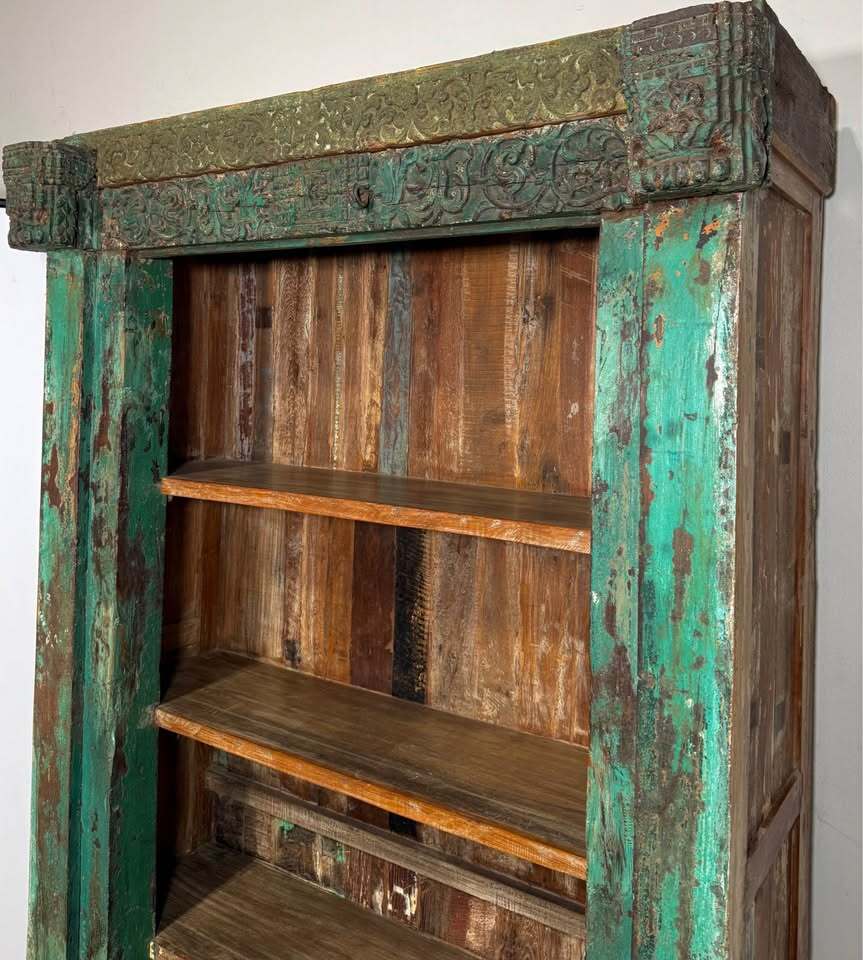Authentic Vintage Indonesian Carved Bookshelf—Distressed Green Patina Ornate Architectural Frame