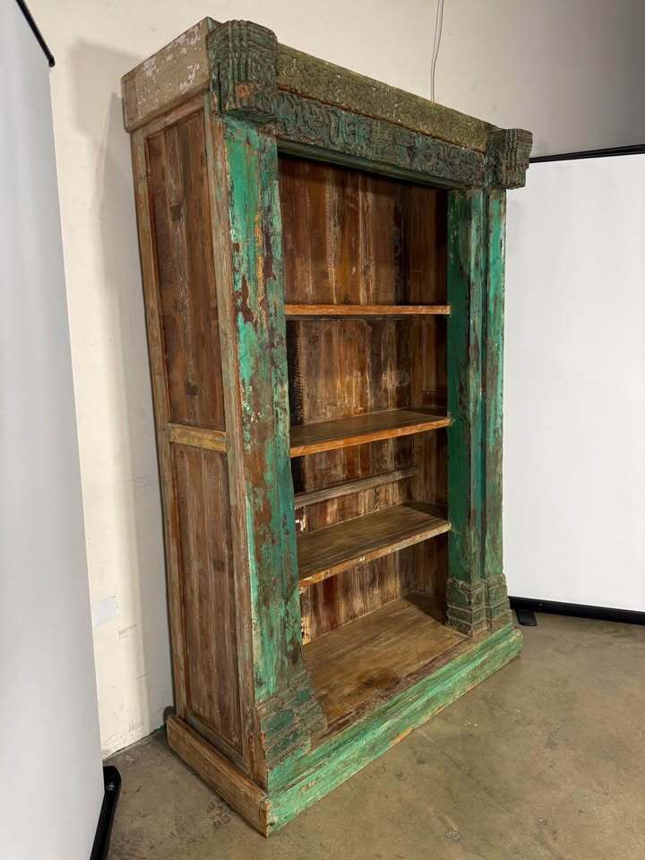 Authentic Vintage Indonesian Carved Bookshelf—Distressed Green Patina Ornate Architectural Frame