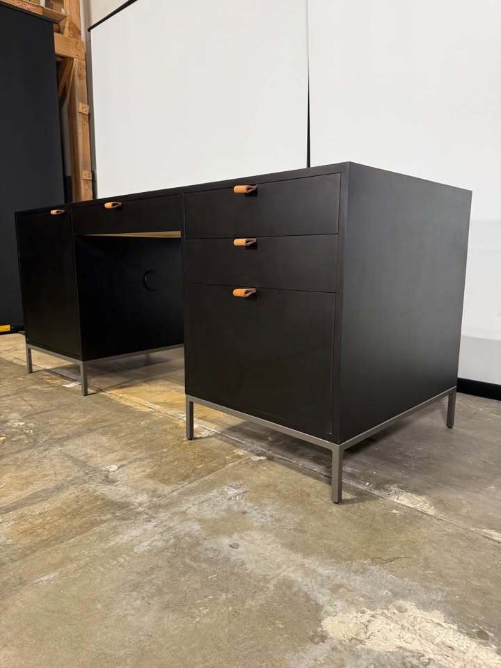 Kathy Kuo Home Theodore Industrial Loft Black Wood Grey Iron 1 Door 4 Drawer Executive Desk