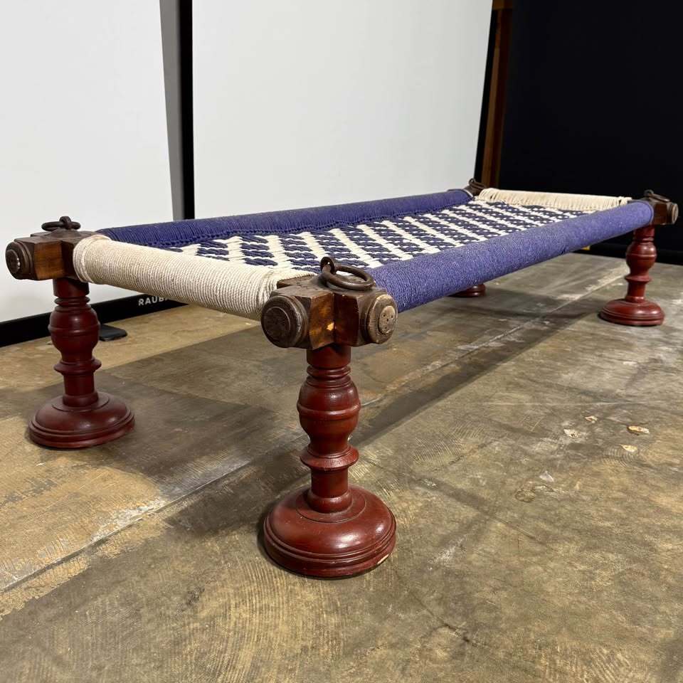 Vintage Woven Cord Bench – Blue & White Geometric Pattern, Turned Wood Legs