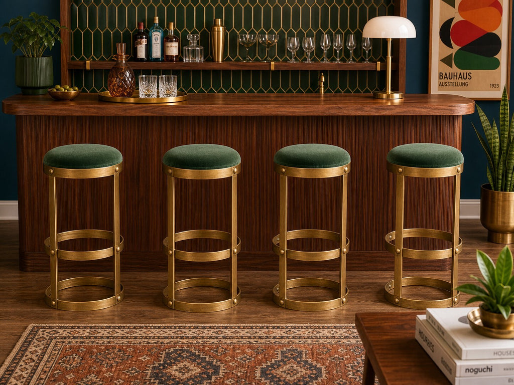 Emerald Velvet Sculptural Glam Bar Stools - Set of 4