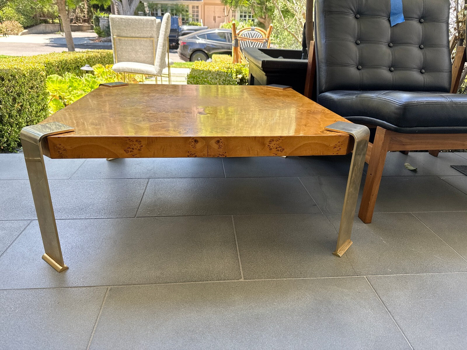 Burl Wood Square Coffee Table with Brass Accents