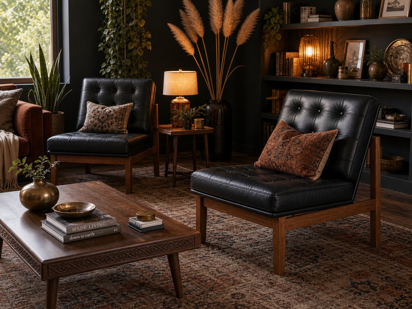 Black Tufted Leather Mid-Century Lounge Chairs — $2,800 new, $1,495 today | Moveabl