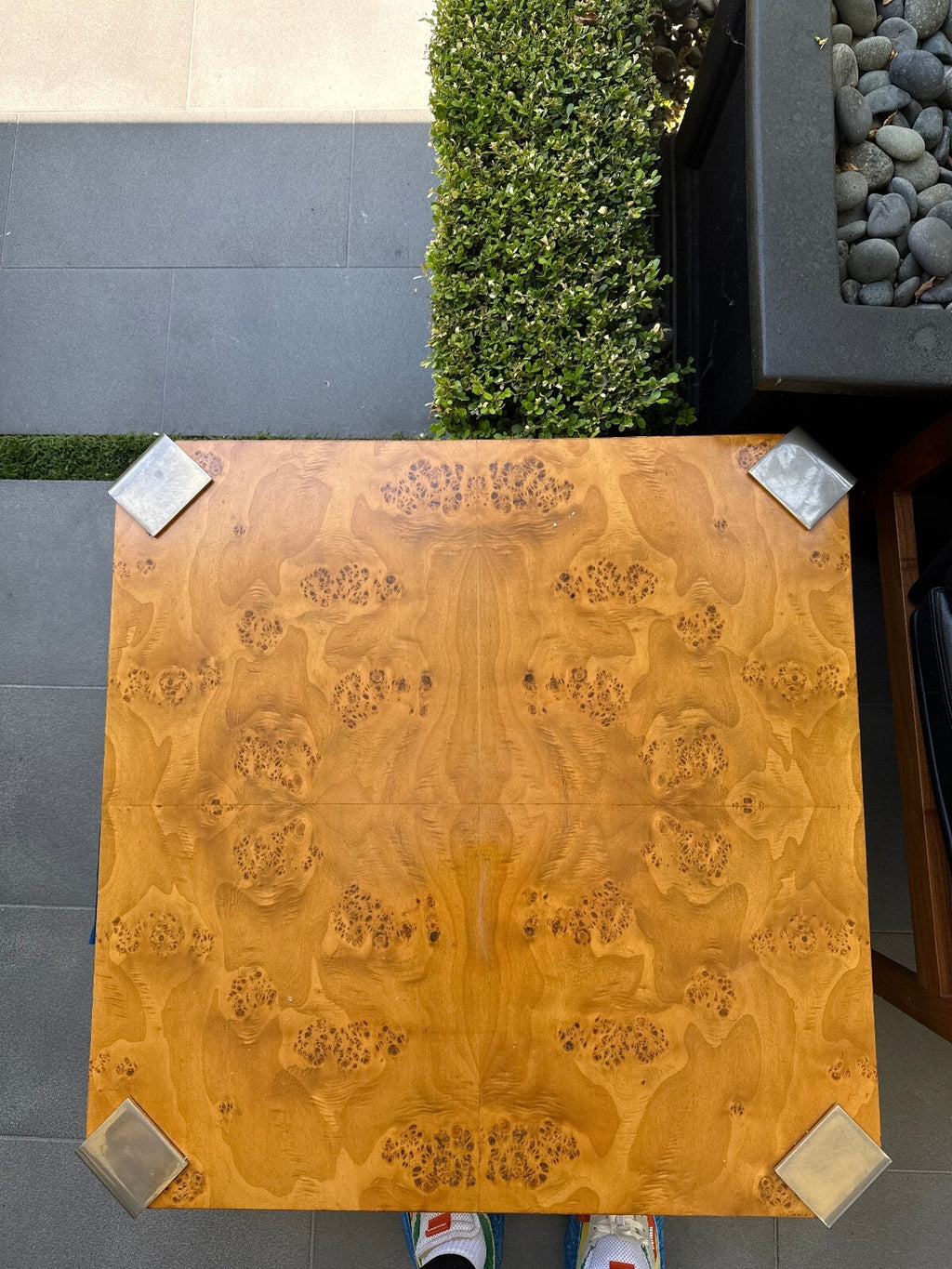 Burl Wood Square Coffee Table with Brass Accents
