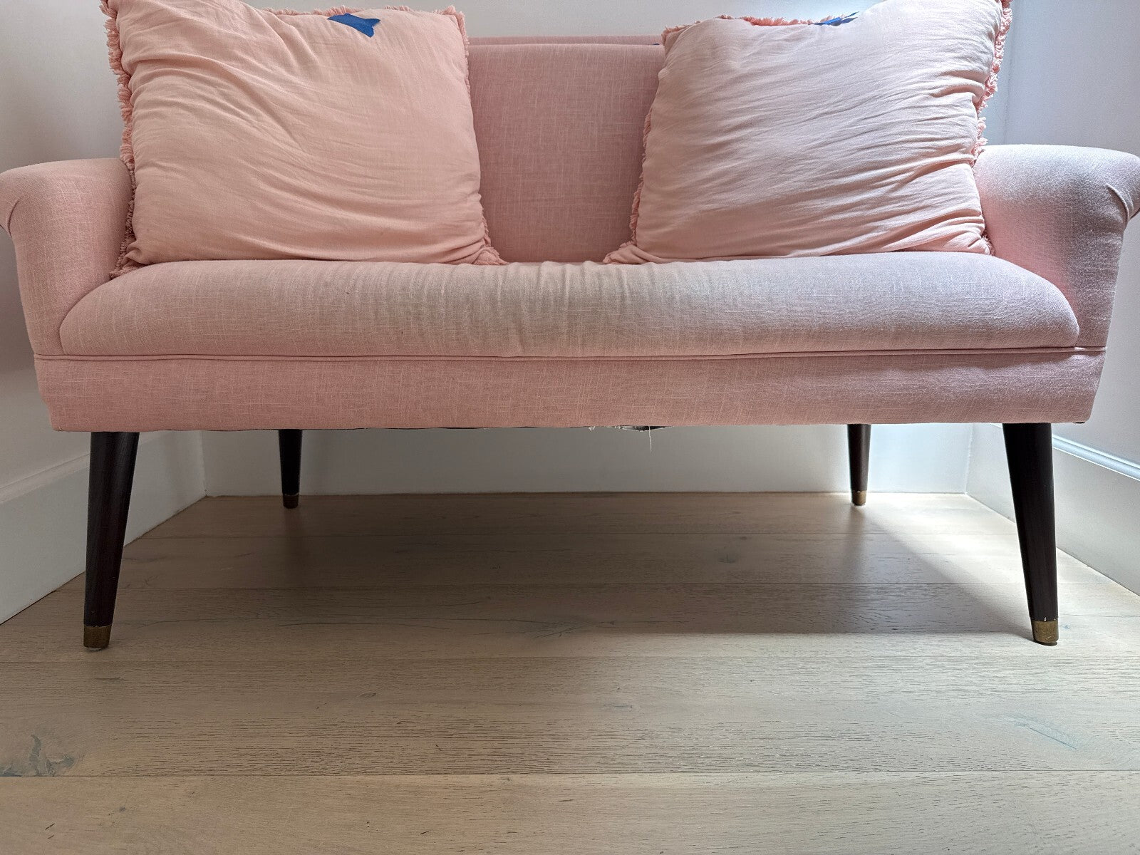 Blush Pink Linen Loveseat with Ruffled Pillows