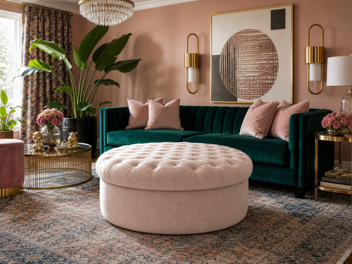 Blush Pink Tufted Round Ottoman — $1,200 new, $595 today | Moveabl