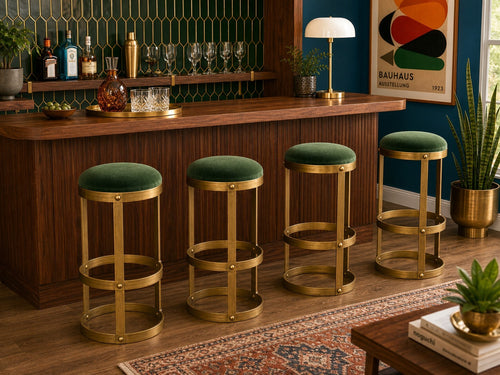 Emerald Velvet Sculptural Glam Bar Stools - Set of 4