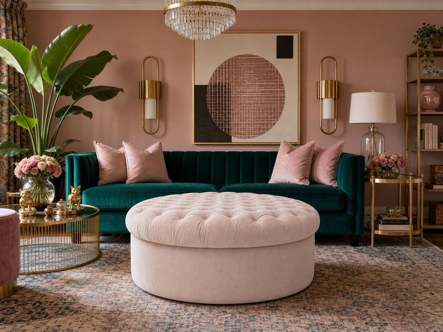 Blush Pink Tufted Round Ottoman — $1,200 new, $595 today | Moveabl