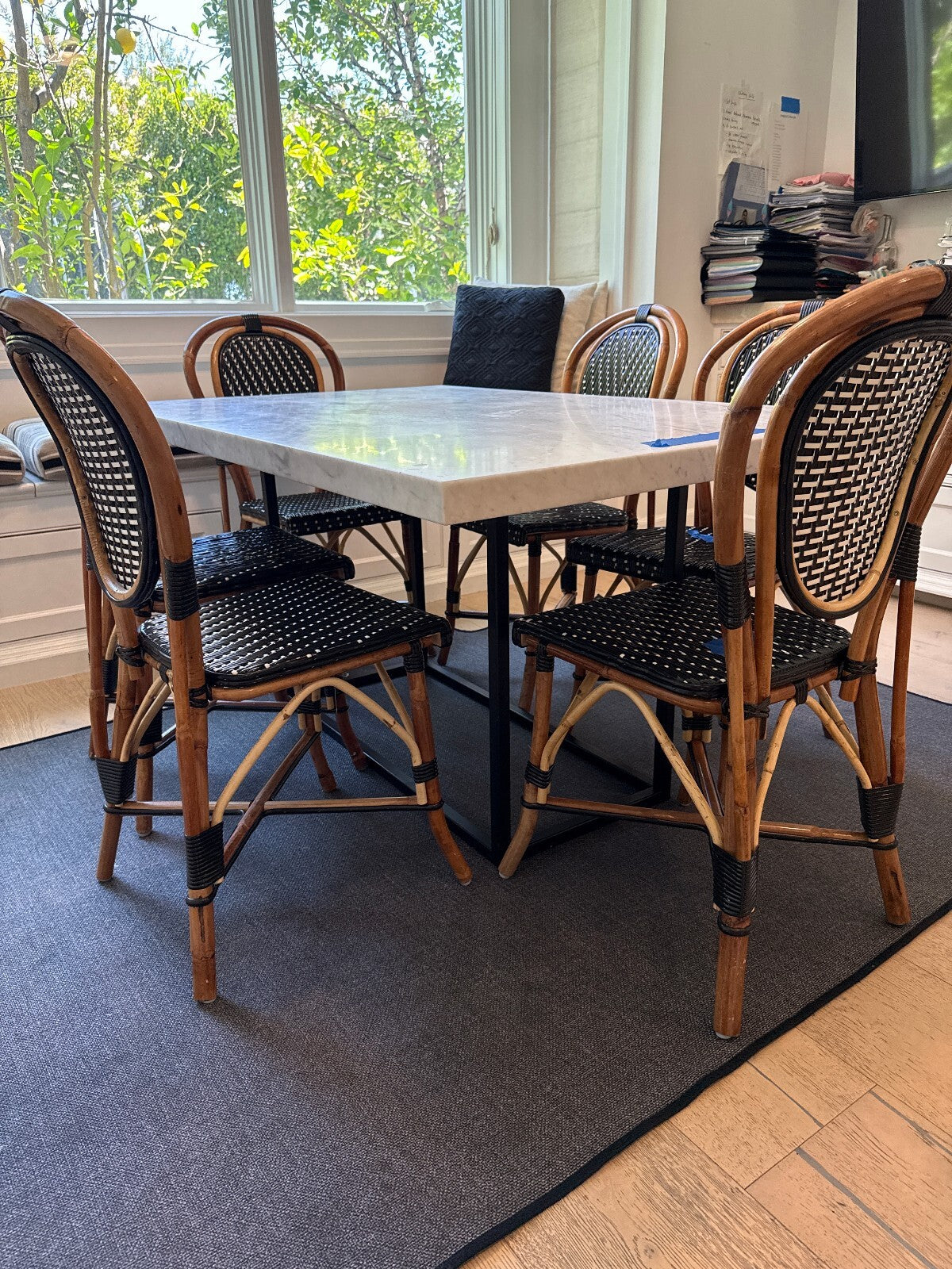 White Marble Top Rattan Dining Table + 6 Chairs