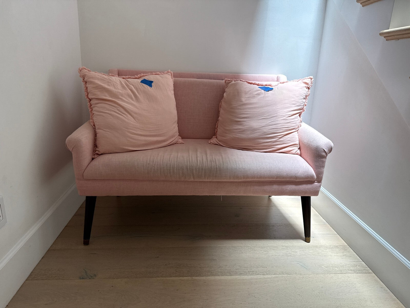Blush Pink Linen Loveseat with Ruffled Pillows