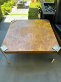 Burl Wood Square Coffee Table with Brass Accents