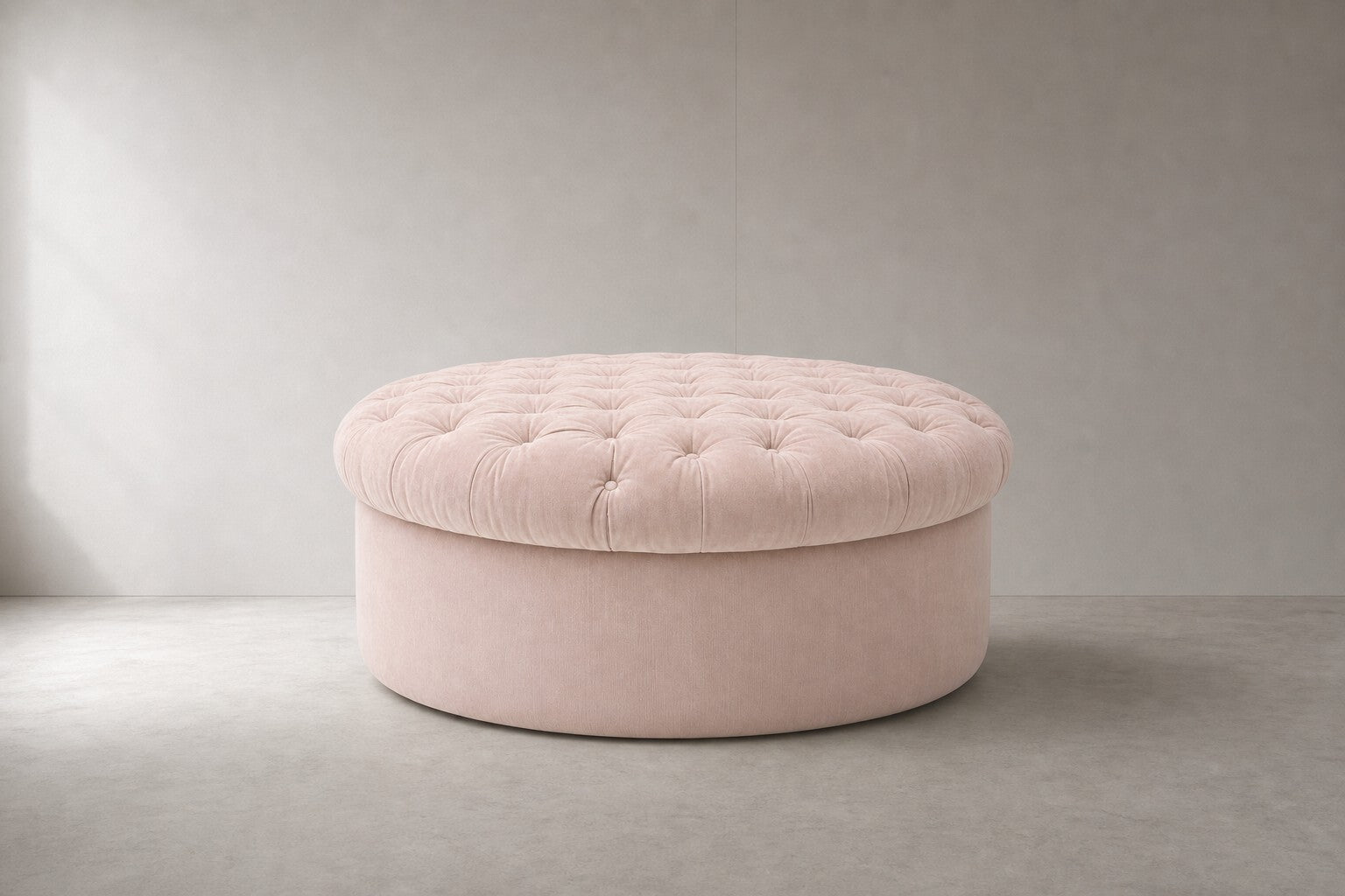 Blush Pink Tufted Round Ottoman — $1,200 new, $595 today | Moveabl
