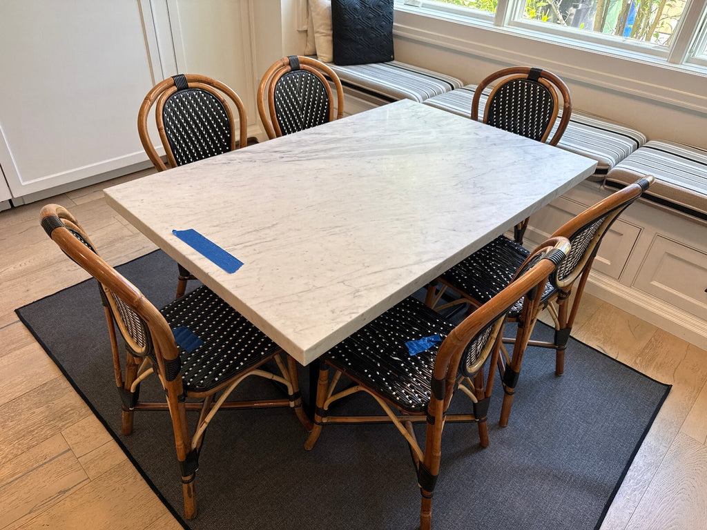 White Marble Top Rattan Dining Table + 6 Chairs