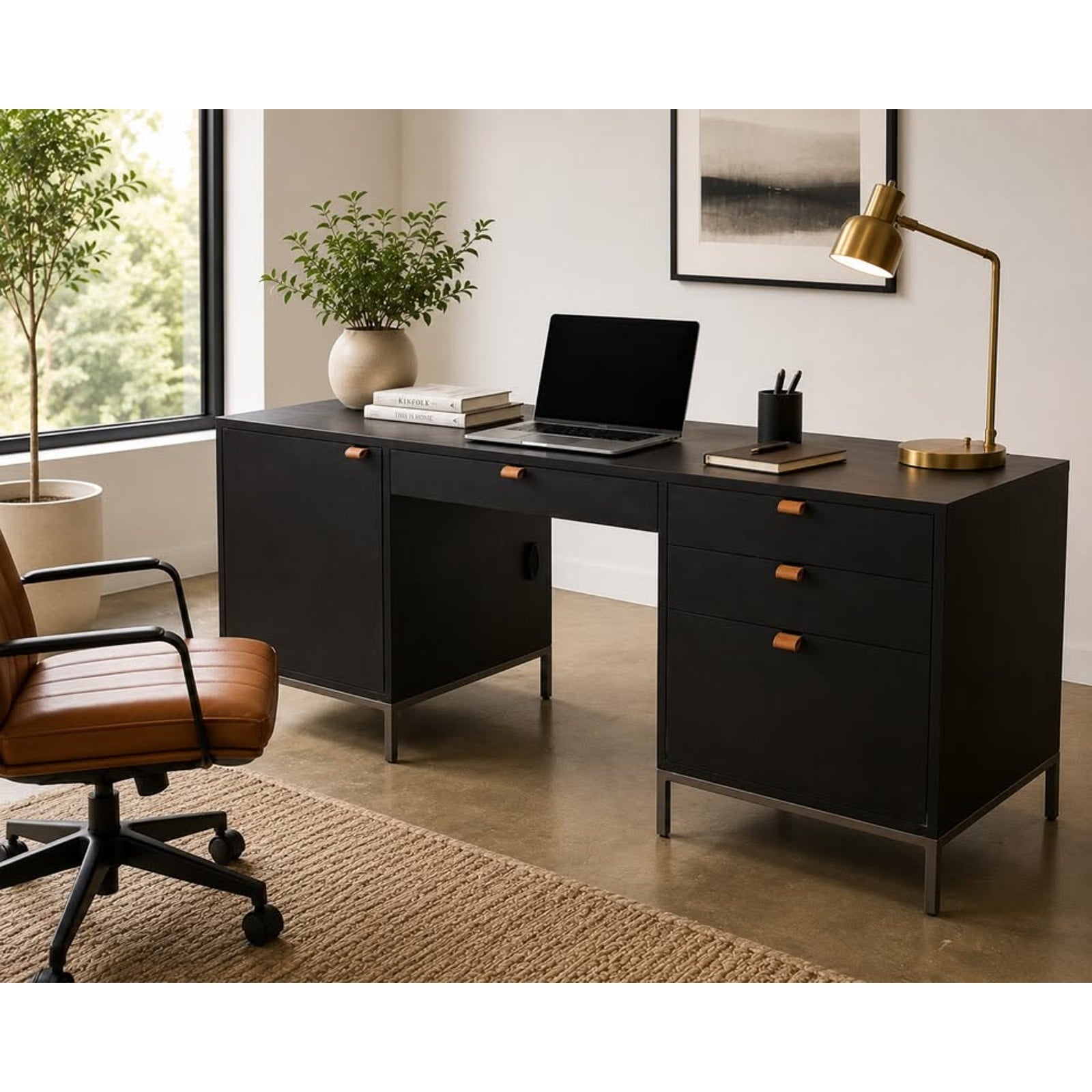 Kathy Kuo Home Theodore Industrial Loft Black Wood Grey Iron 1 Door 4 Drawer Executive Desk