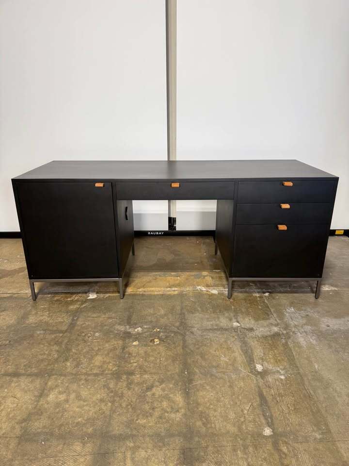 Kathy Kuo Home Theodore Industrial Loft Black Wood Grey Iron 1 Door 4 Drawer Executive Desk