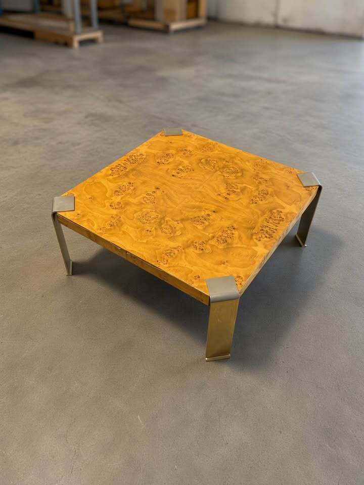 Mid-Century Burl Wood Coffee Table with Brass Legs – 31”