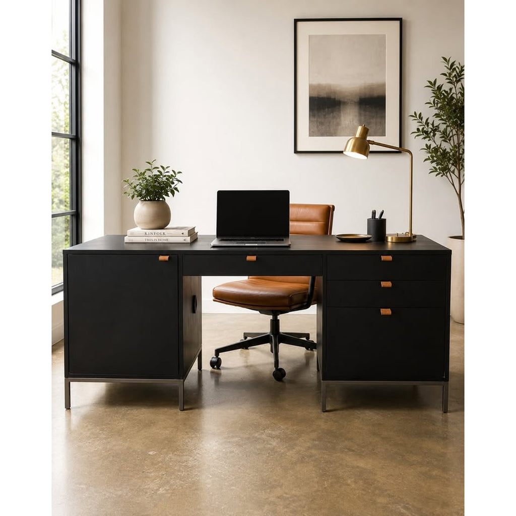 Kathy Kuo Home Theodore Industrial Loft Black Wood Grey Iron 1 Door 4 Drawer Executive Desk