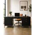 Kathy Kuo Home Theodore Industrial Loft Black Wood Grey Iron 1 Door 4 Drawer Executive Desk