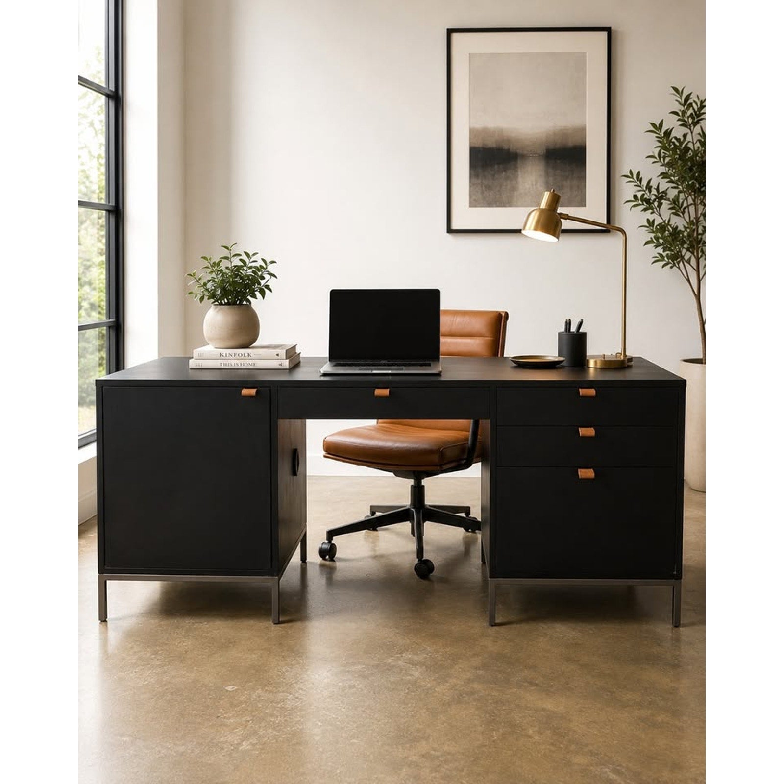 Kathy Kuo Home Theodore Industrial Loft Black Wood Grey Iron 1 Door 4 Drawer Executive Desk