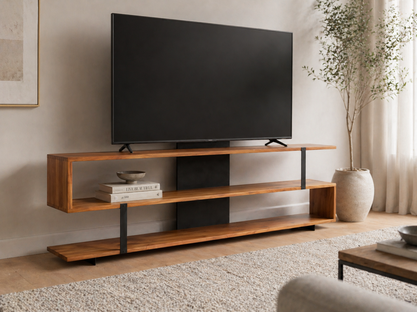 moveabl-tv-stands-modern-open-shelf-honey-brown-black-staged-side